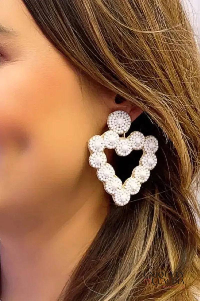 White Beaded Heart Earrings