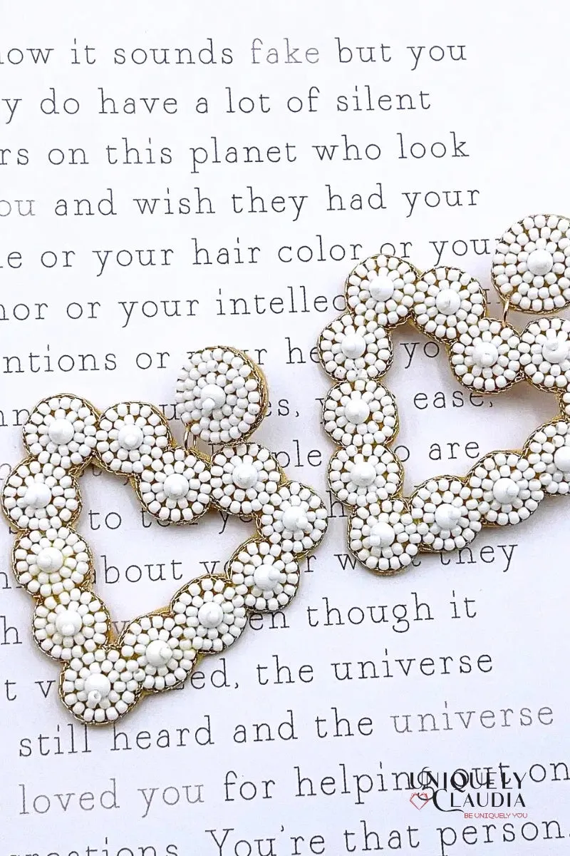 White Beaded Heart Earrings