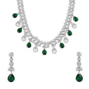 Yellow Chimes Jewellery Set for Womens Rhodium Plated AD/American Diamond Studded Green Crystal Necklace Set with Earrings for Women and Girls