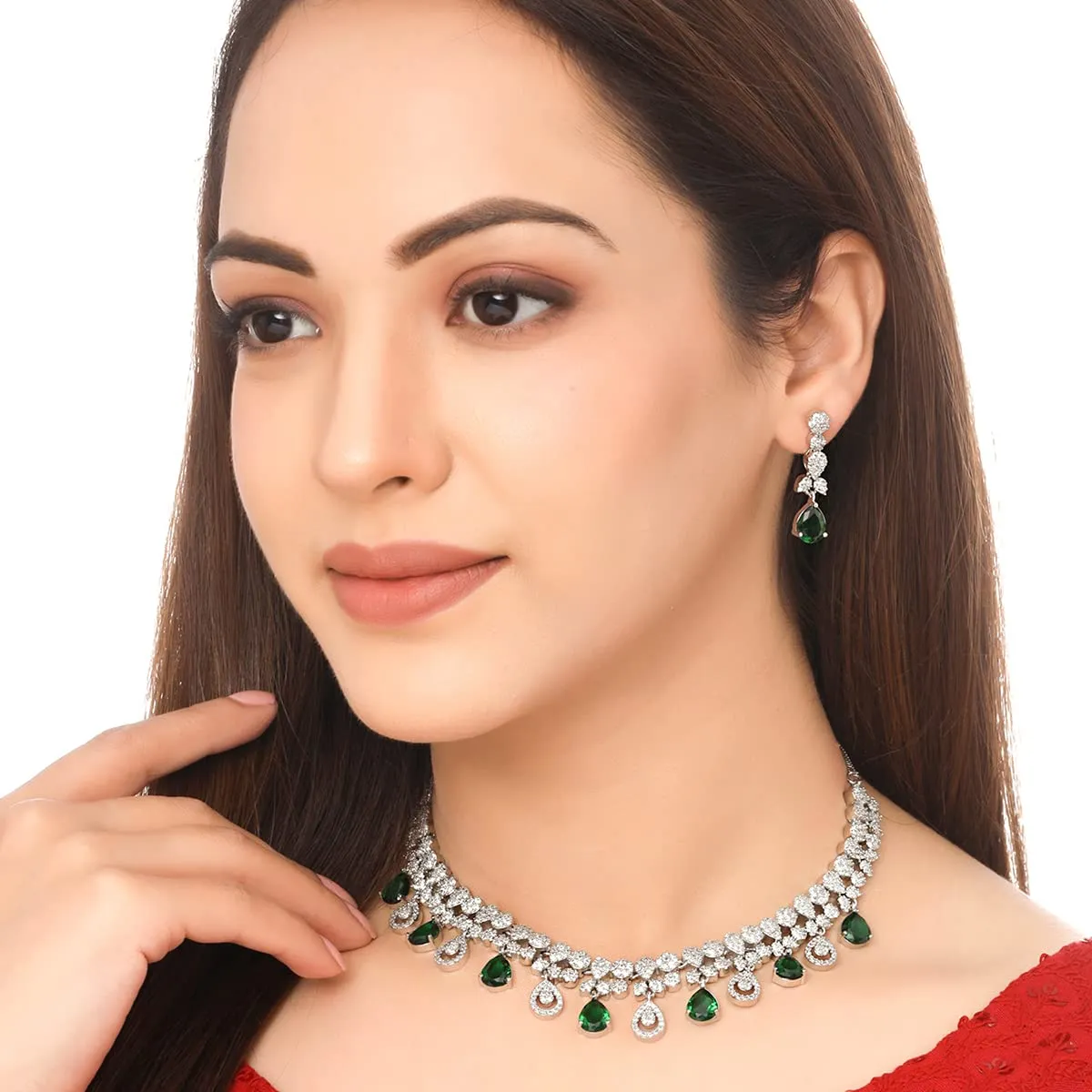 Yellow Chimes Jewellery Set for Womens Rhodium Plated AD/American Diamond Studded Green Crystal Necklace Set with Earrings for Women and Girls