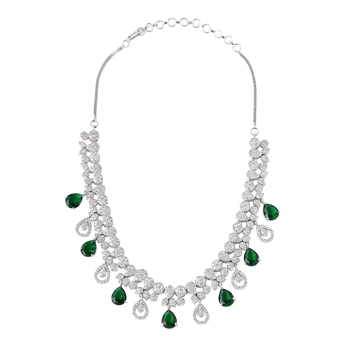 Yellow Chimes Jewellery Set for Womens Rhodium Plated AD/American Diamond Studded Green Crystal Necklace Set with Earrings for Women and Girls