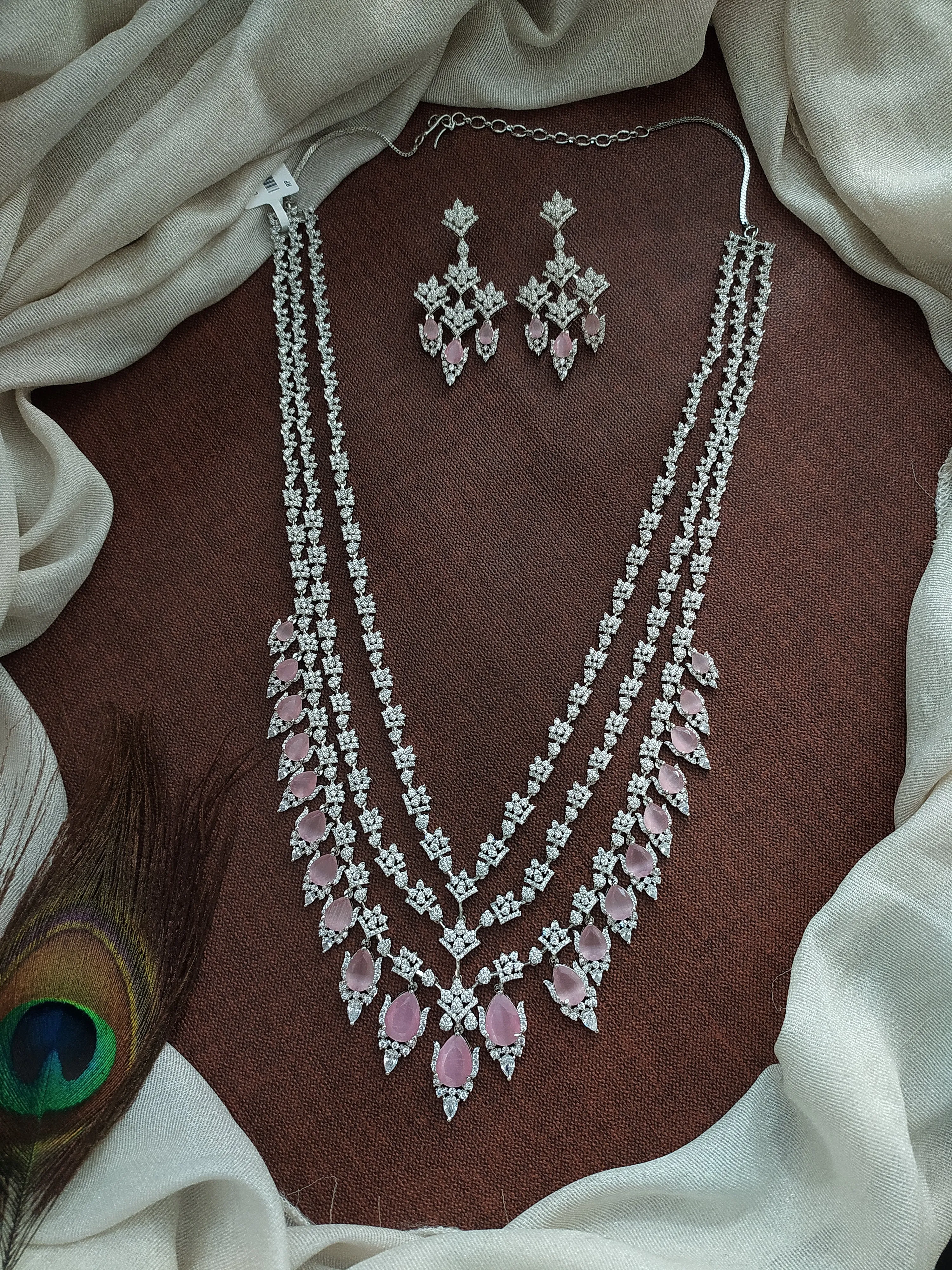 Zircon Layered Long Haram Set in Diamond and Rhodium Finishes